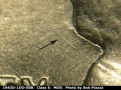 Die-stage B marker on 1943D•1DO•008 (1943 Doubled Die Obverse).