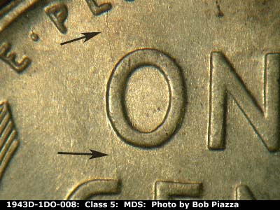 Die-stage B marker on 1943D•1DO•008 (1943 Doubled Die Obverse).
