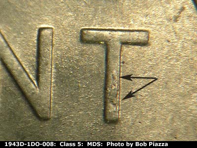 Die-stage B marker on 1943D•1DO•008 (1943 Doubled Die Obverse).