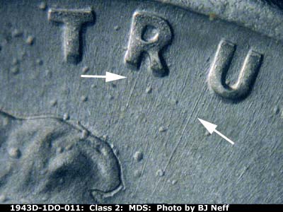Die-stage B marker on 1943D•1DO•011 (1943 Doubled Die Obverse).