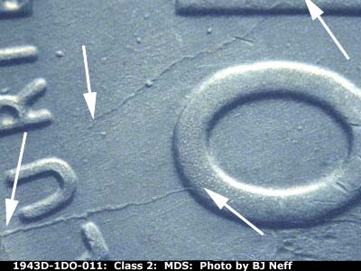 Die-stage B marker on 1943D•1DO•011 (1943 Doubled Die Obverse).