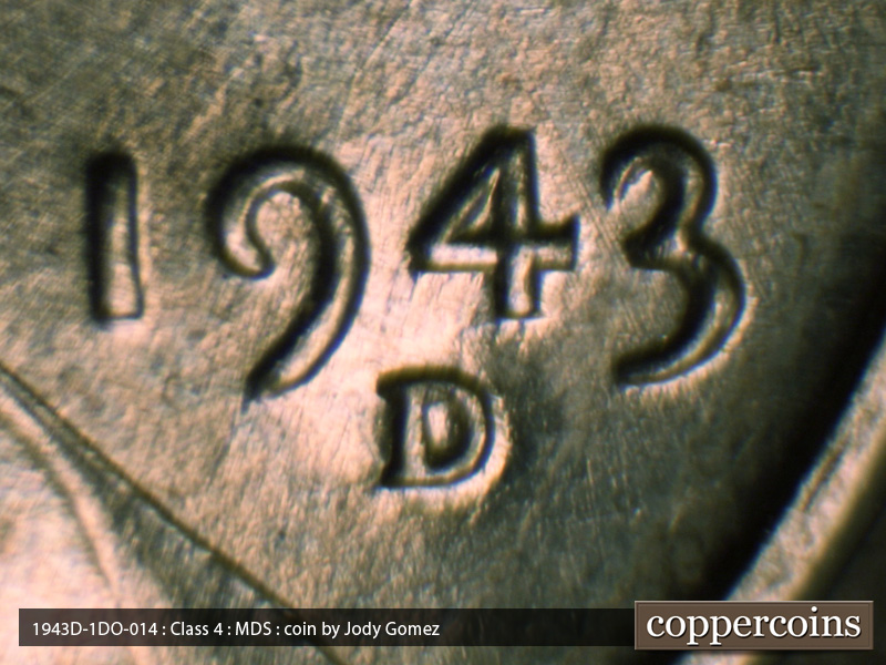 Die-stage B marker on 1943D•1DO•014 (1943 Doubled Die Obverse).
