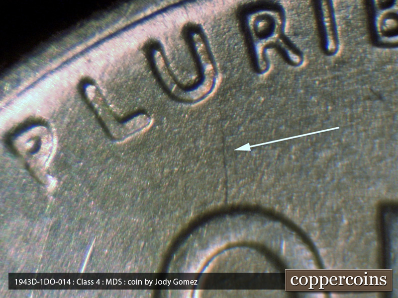 Die-stage B marker on 1943D•1DO•014 (1943 Doubled Die Obverse).