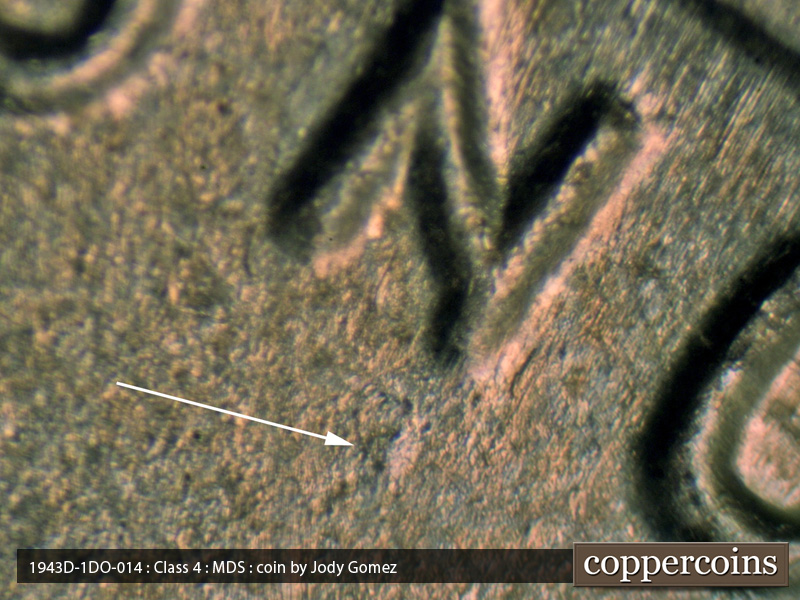 Die-stage B marker on 1943D•1DO•014 (1943 Doubled Die Obverse).