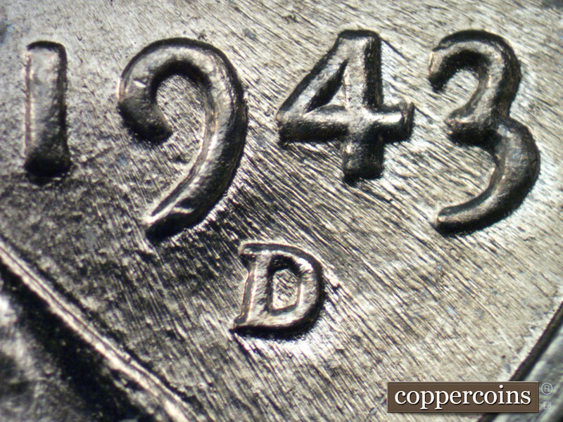 1943 Lincoln cent obverse, CopperCoins die 1943D•1DO•015.