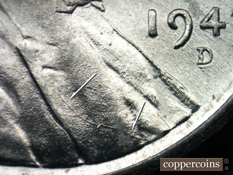 Die-stage C marker on 1943D•1DO•018 (1943 Doubled Die Obverse).