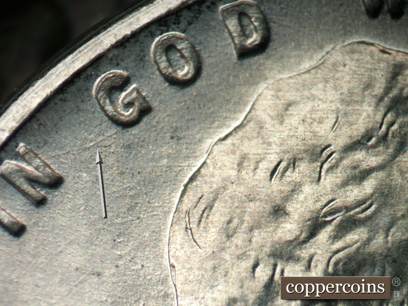 Die-stage B marker on 1943D•1DO•020 (1943 Doubled Die Obverse).