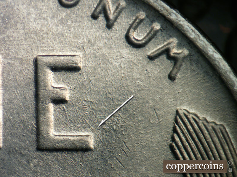 Die-stage B marker on 1943D•1DO•020 (1943 Doubled Die Obverse).
