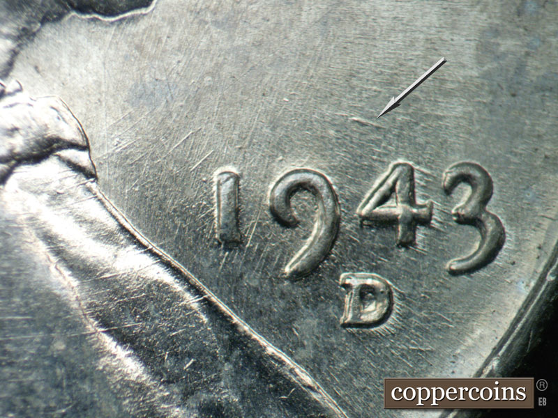 Die-stage B marker on 1943D•1DO•021 (1943 Doubled Die Obverse).