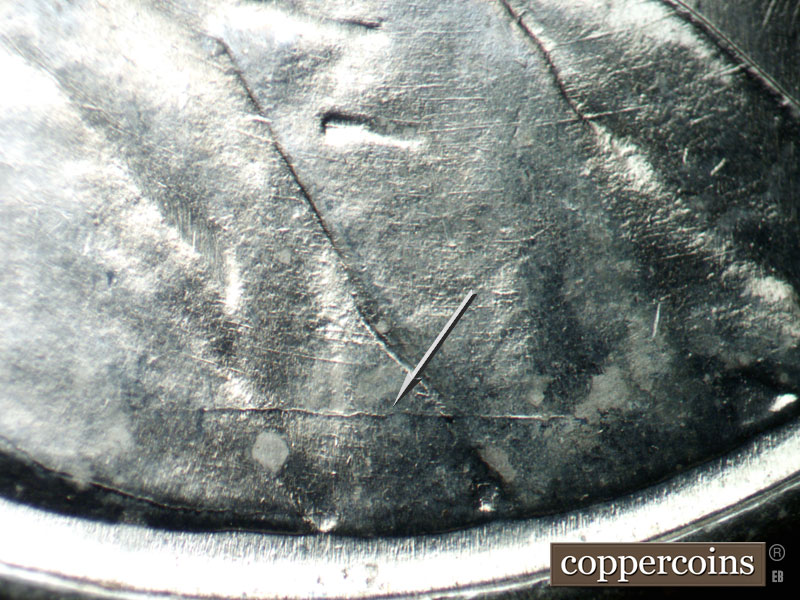 Die-stage B marker on 1943D•1DO•021 (1943 Doubled Die Obverse).