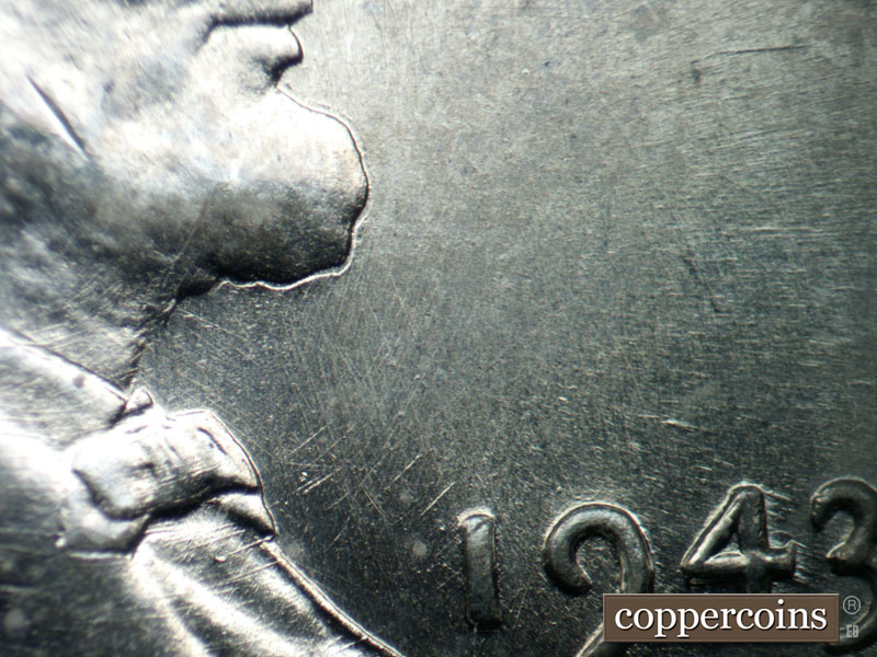 Die-stage B marker on 1943D•1DO•021 (1943 Doubled Die Obverse).