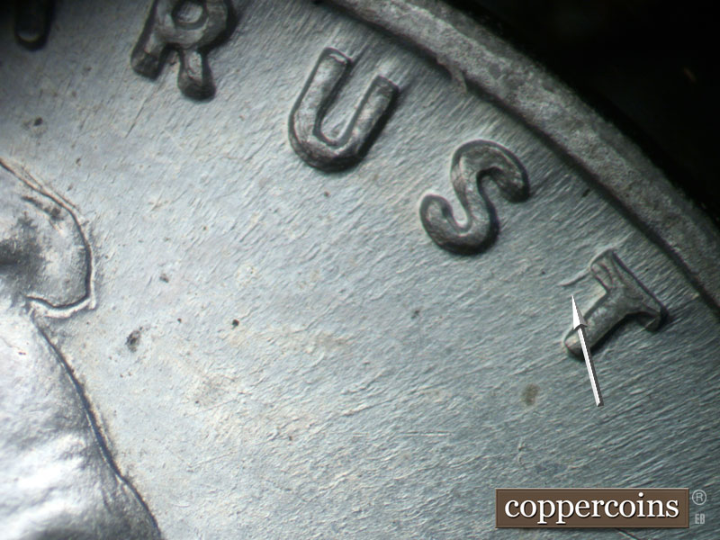 Die-stage B marker on 1943D•1DO•022 (1943 Doubled Die Obverse).
