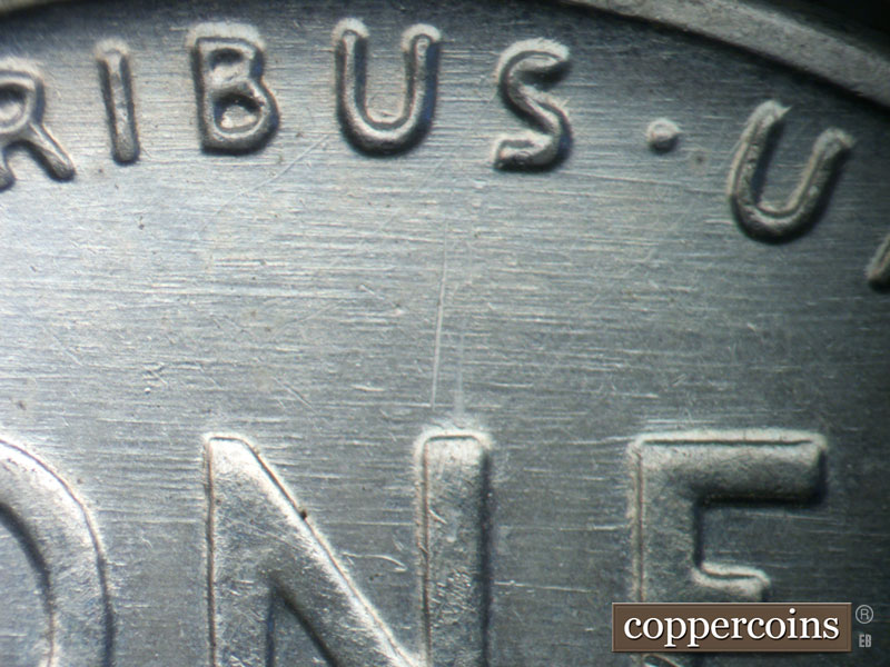 Die-stage B marker on 1943D•1DO•022 (1943 Doubled Die Obverse).