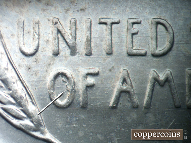 Die-stage B marker on 1943D•1DO•022 (1943 Doubled Die Obverse).