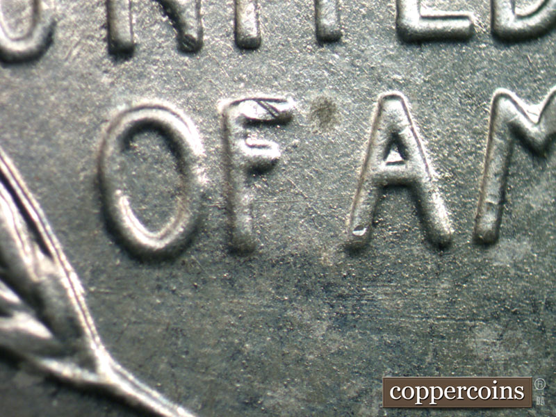 Die-stage B marker on 1943D•1DR•001 (1943 Doubled Die Reverse).