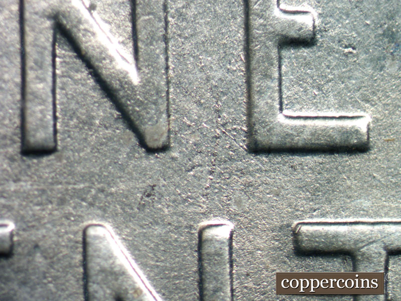 Die-stage B marker on 1943D•1DR•001 (1943 Doubled Die Reverse).