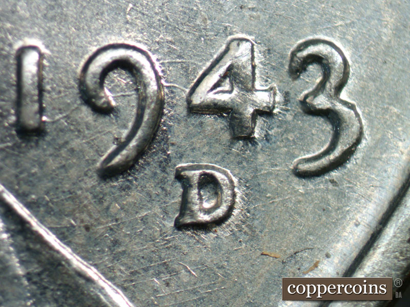 Die-stage B marker on 1943D•1DR•001 (1943 Doubled Die Reverse).