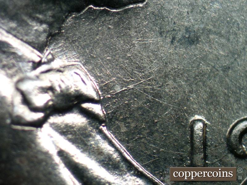 Die-stage B marker on 1943D•1DR•001 (1943 Doubled Die Reverse).