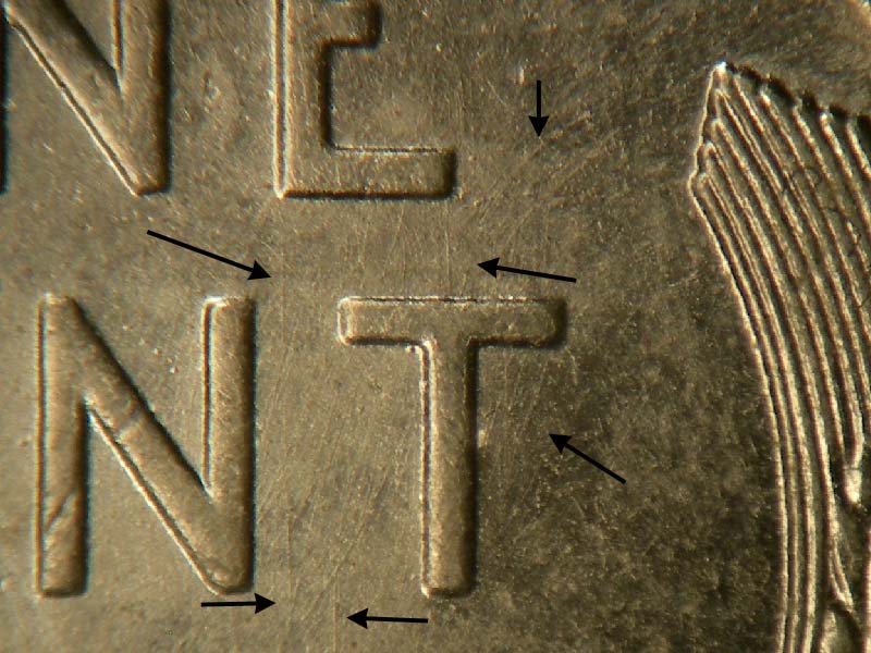 Die-stage B marker on 1943D•1DR•002 (1943 Doubled Die Reverse).
