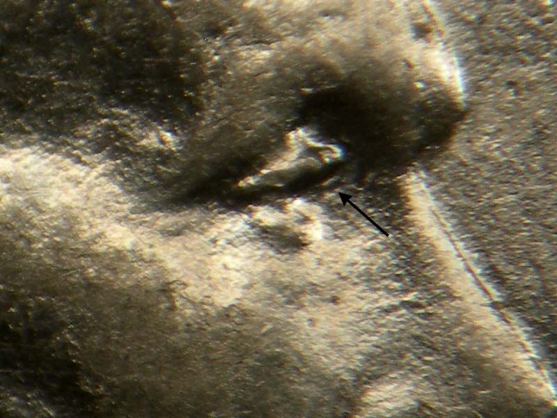 Die-stage B marker on 1943D•1DR•002 (1943 Doubled Die Reverse).