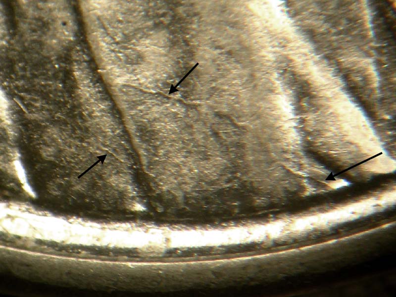 Die-stage B marker on 1943D•1DR•002 (1943 Doubled Die Reverse).