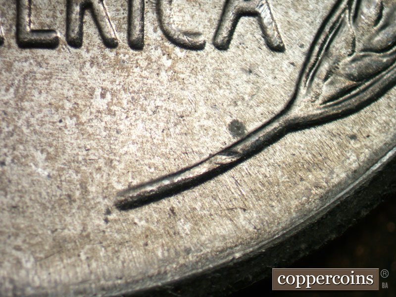 Die-stage B marker on 1943D•1DR•003 (1943 Doubled Die Reverse).