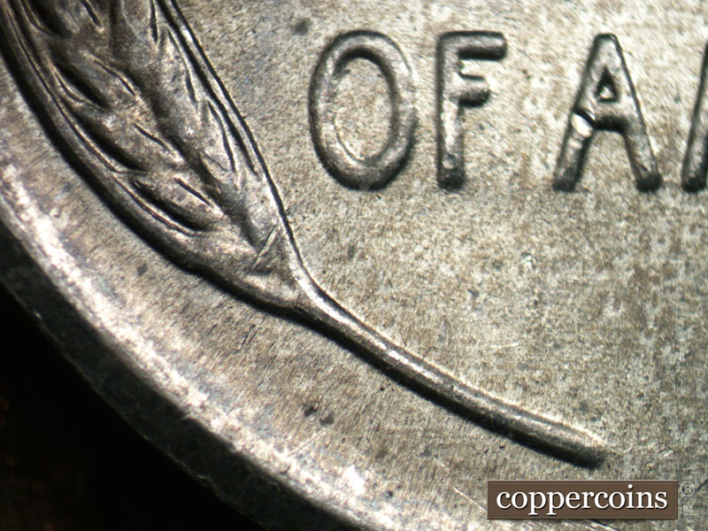 Die-stage B marker on 1943D•1DR•003 (1943 Doubled Die Reverse).
