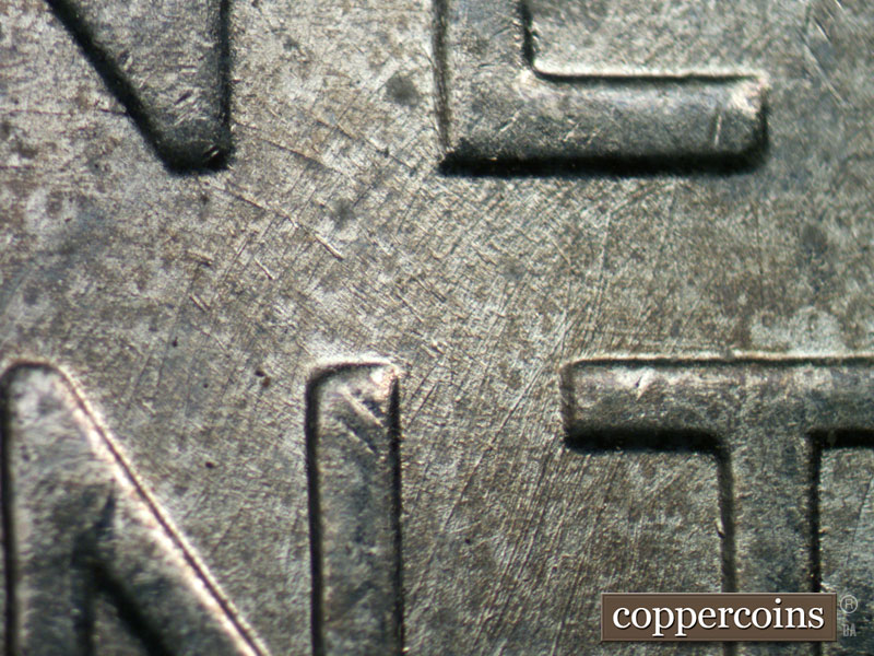 Die-stage B marker on 1943D•1DR•003 (1943 Doubled Die Reverse).