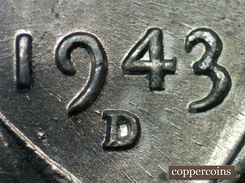 Die-stage B marker on 1943D•1DR•003 (1943 Doubled Die Reverse).