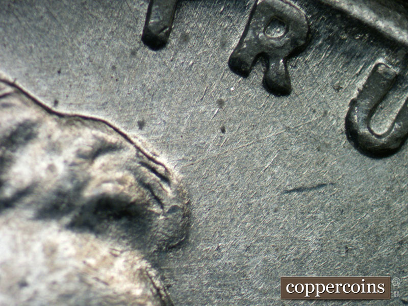 Die-stage B marker on 1943D•1DR•003 (1943 Doubled Die Reverse).
