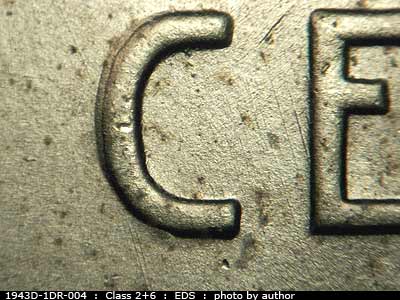 Die-stage A marker on 1943D•1DR•004 (1943 Doubled Die Reverse).