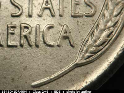 Die-stage A marker on 1943D•1DR•004 (1943 Doubled Die Reverse).