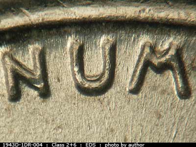 Die-stage A marker on 1943D•1DR•004 (1943 Doubled Die Reverse).