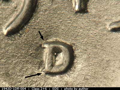 Die-stage A marker on 1943D•1DR•004 (1943 Doubled Die Reverse).