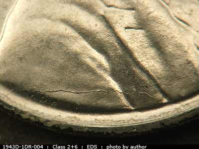 Die-stage A marker on 1943D•1DR•004 (1943 Doubled Die Reverse).