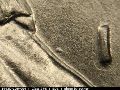 Die-stage A marker on 1943D•1DR•004 (1943 Doubled Die Reverse).
