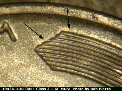 Die-stage B marker on 1943D•1DR•005 (1943 Doubled Die Reverse).