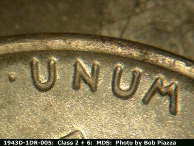 Die-stage B marker on 1943D•1DR•005 (1943 Doubled Die Reverse).