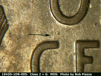 Die-stage B marker on 1943D•1DR•005 (1943 Doubled Die Reverse).