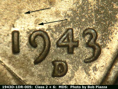 Die-stage B marker on 1943D•1DR•005 (1943 Doubled Die Reverse).