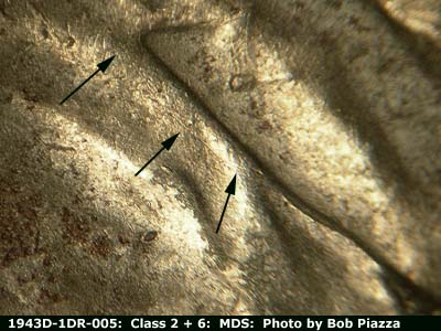 Die-stage B marker on 1943D•1DR•005 (1943 Doubled Die Reverse).