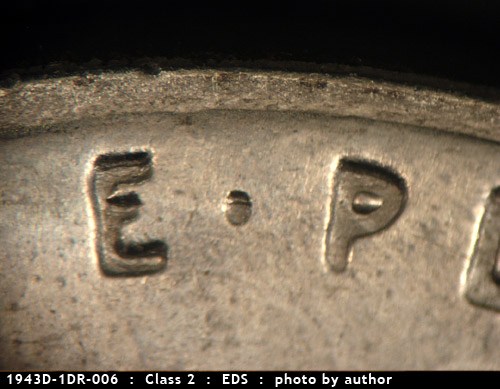 Die-stage A marker on 1943D•1DR•006 (1943 Doubled Die Reverse).