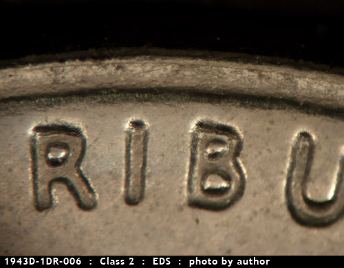 Die-stage A marker on 1943D•1DR•006 (1943 Doubled Die Reverse).