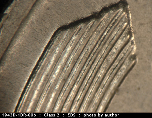 Die-stage A marker on 1943D•1DR•006 (1943 Doubled Die Reverse).