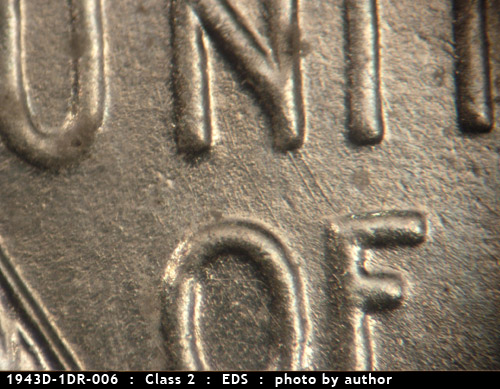Die-stage A marker on 1943D•1DR•006 (1943 Doubled Die Reverse).