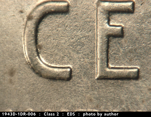 Die-stage A marker on 1943D•1DR•006 (1943 Doubled Die Reverse).