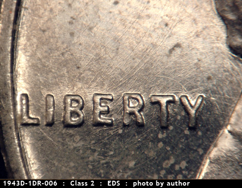 Die-stage A marker on 1943D•1DR•006 (1943 Doubled Die Reverse).