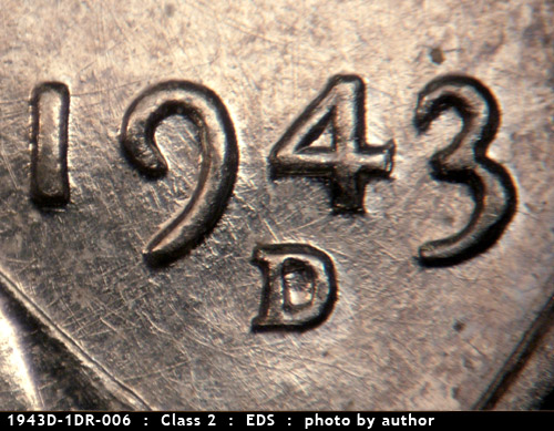 Die-stage A marker on 1943D•1DR•006 (1943 Doubled Die Reverse).