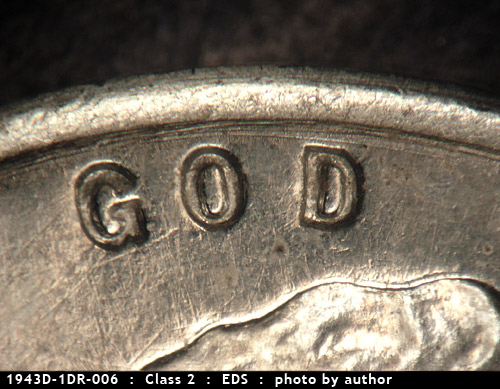 Die-stage A marker on 1943D•1DR•006 (1943 Doubled Die Reverse).