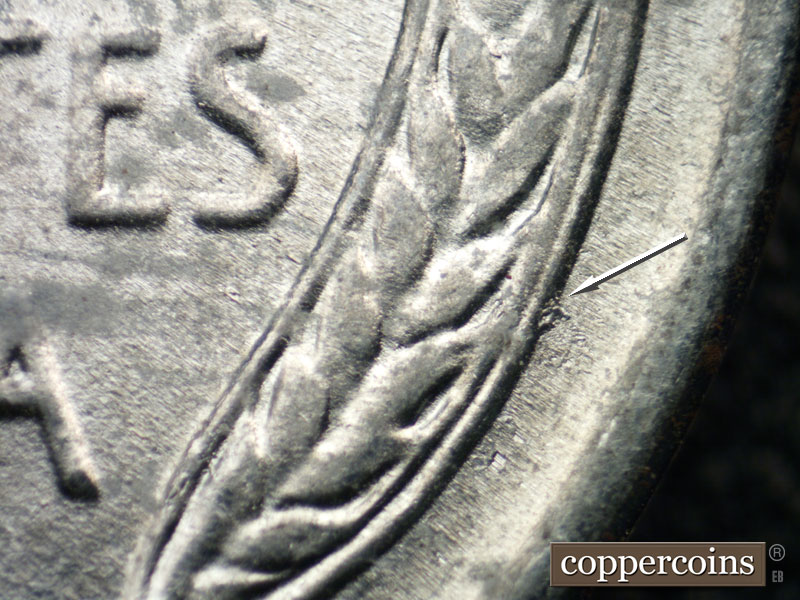 Die-stage B marker on 1943D•1DR•009 (1943 Doubled Die Reverse).